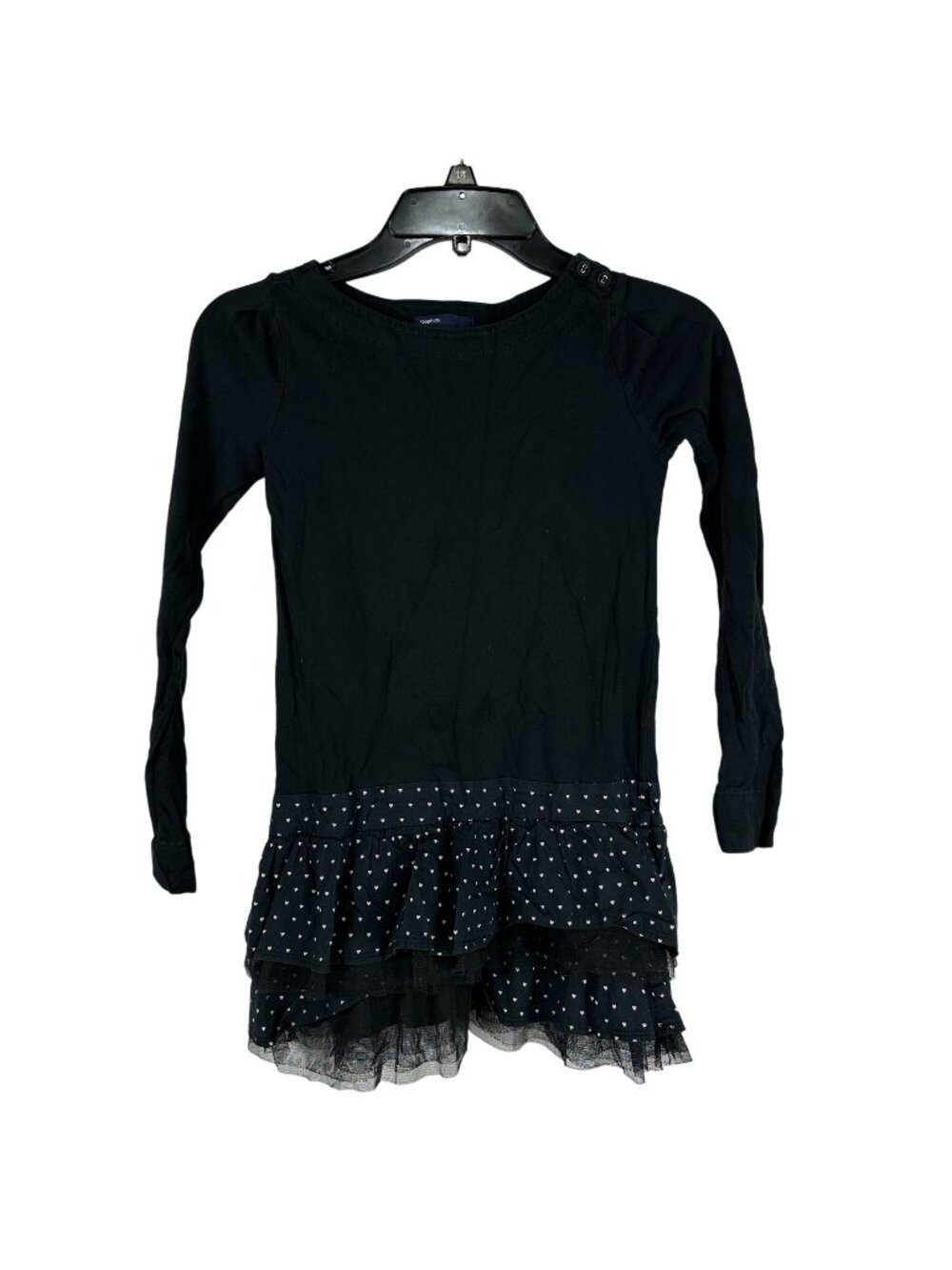 GapKids Black Long Sleeve Dress M(8) Girls Pink Heart Print Ruffle Hem Mesh